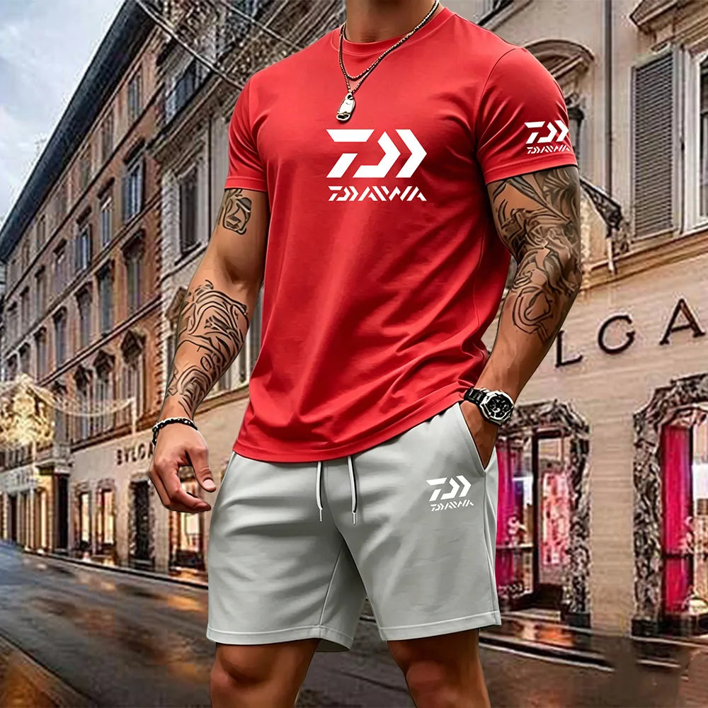 2026 Summer New Men's Fashion Outdoor Sports Set Printed Short Sleeve T-shirt+Shorts Loose Home Leisure Two Piece Set