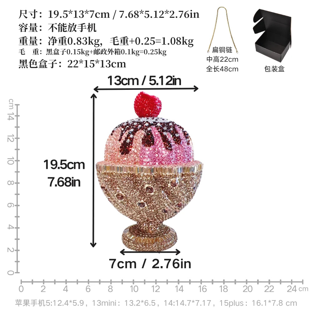 Sparkly Full Crystal Ice Cream Cup Clutch Bag Luxury Women Evening Handbag Crossbody Purse for Party Wedding Cocktail Events