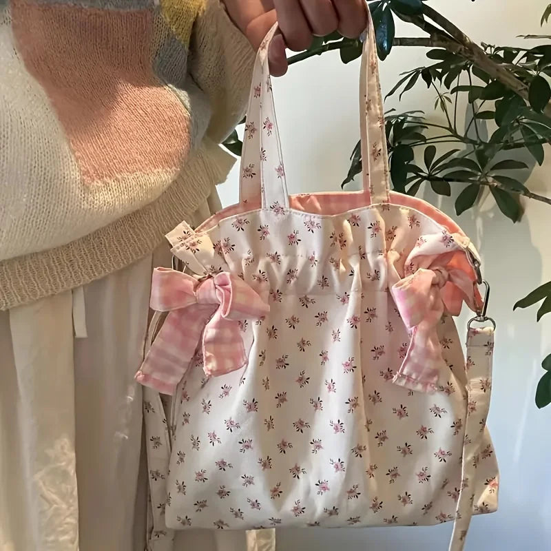 Floral Print Handbag with Adjustable Shoulder Strap and Bow Decoration - Versatile Crossbody Bag