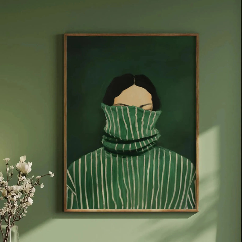Green Abstract Figures Canvas Print with Flower Woman Minimalist Japandi Female Portrait Art Poster for Modern Living Room Decor