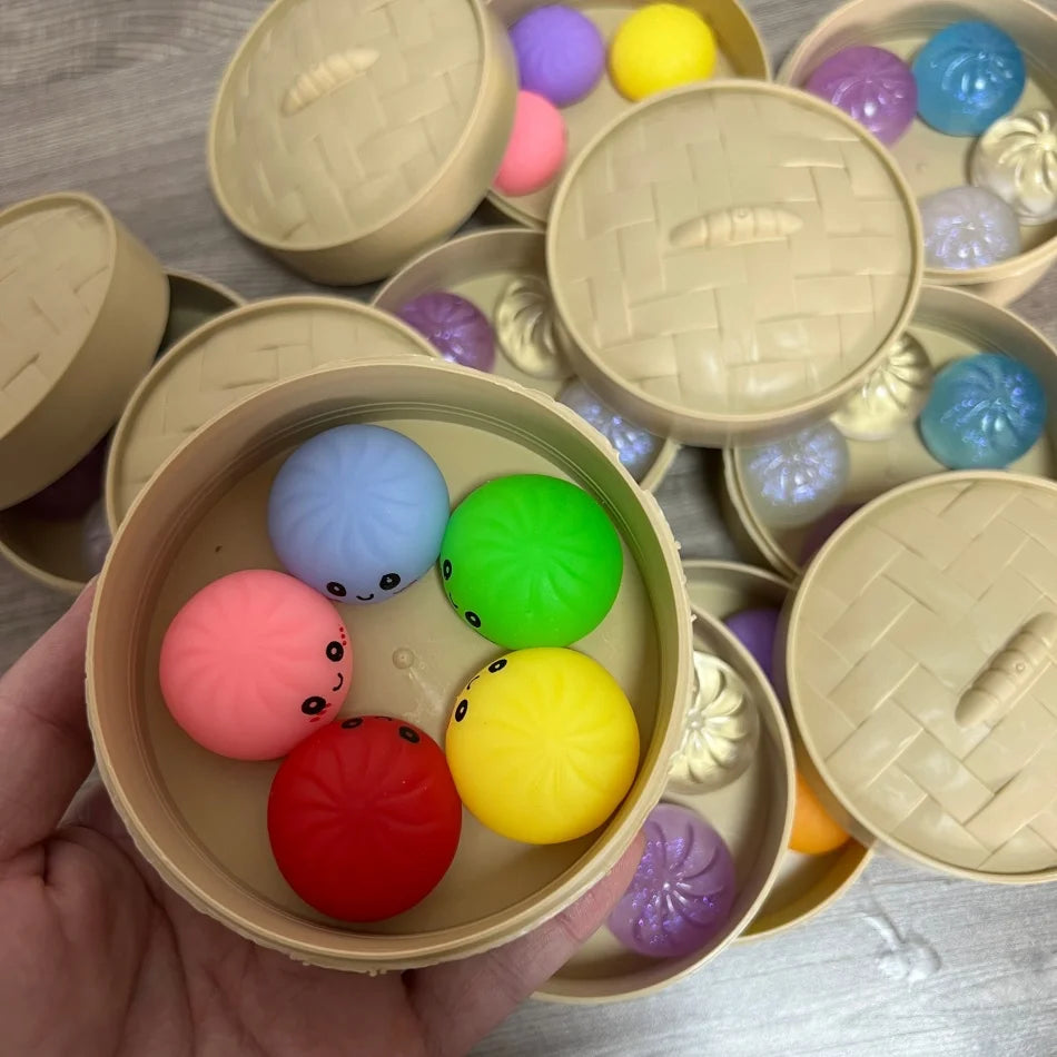5Pcs Mini Dumplings With Steamer Bun Squeezable Toys Set Soft Stress Relief Crystal Squishy Fidget Sensory Toy Party Favors Gift