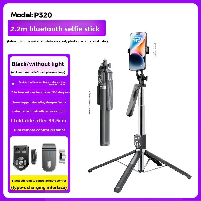 P320 Long Stainless Steel Selfie Stick, 4-Leg Bluetooth Phone Tripod Stand with Dual Remote for Live Streaming and Photography