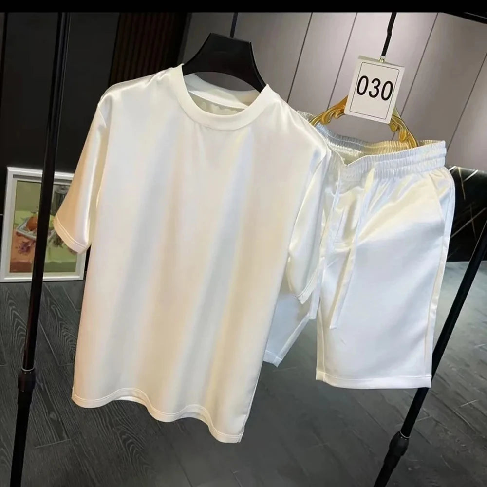 Mens Acetate Fiber Satin Casual T-Shirt Shorts Two-Piece Sets Daily Outdoor Simple Hip-Hop Plain Sets Men'S Clothing 2026 New
