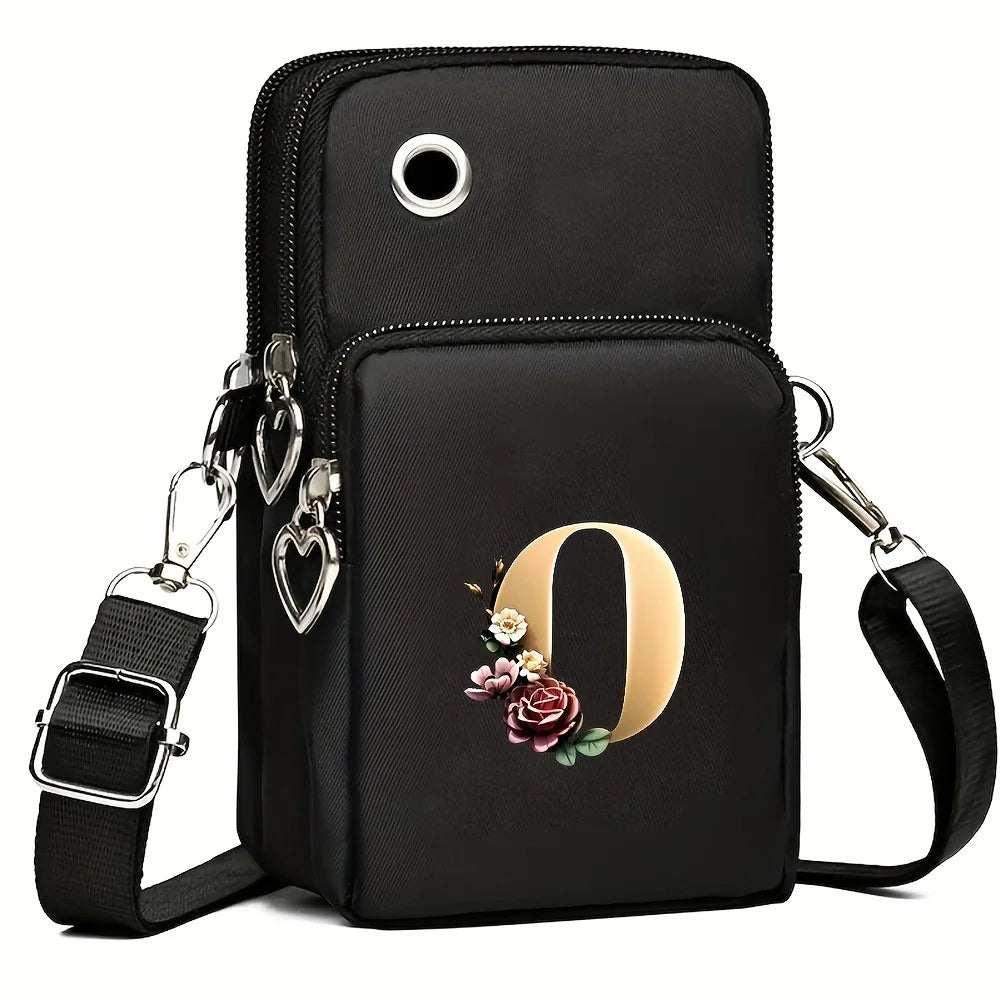 Fashion A-Z Letter Print Women's Crossbody Bag Large Capacity Three-Layer Zipper Phone Bag Daily Travel Coin Purse