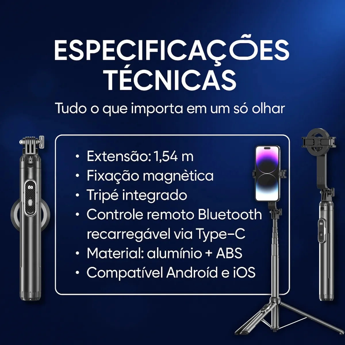 1.54m Magnetic Selfie Stick Tripod Stand Phone Holder Bluetooth Remote Control Rechargeable 360° Rotation Live Streaming