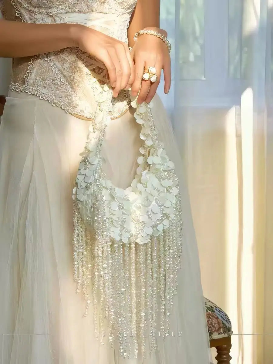 Fashion Sequins Handmade Hobo Bag Beads Beading Tassel Women Handbag Luxury Exquisite Banquet Bag Wedding Party Clutch Purse