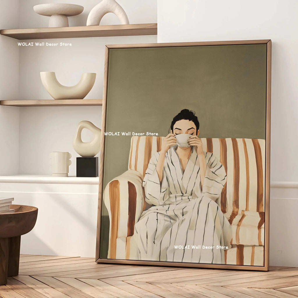 Green Abstract Figures Canvas Print with Flower Woman Minimalist Japandi Female Portrait Art Poster for Modern Living Room Decor