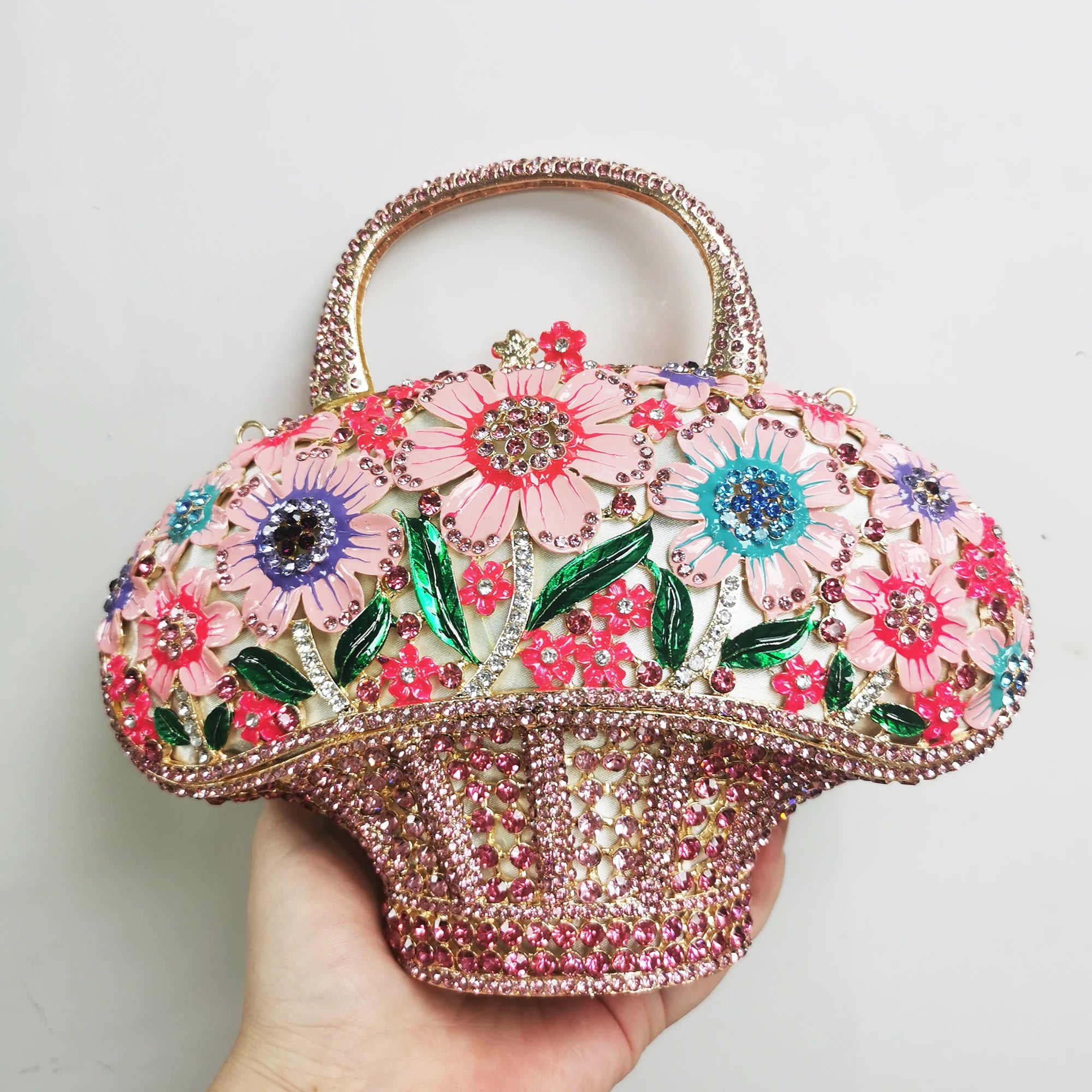 WHTUOHENG Women's Rhinestone Embellished Flower Leaves Basket Clutch Bag Luxury Diamond Evening Purse Crystal Bridal Handbag