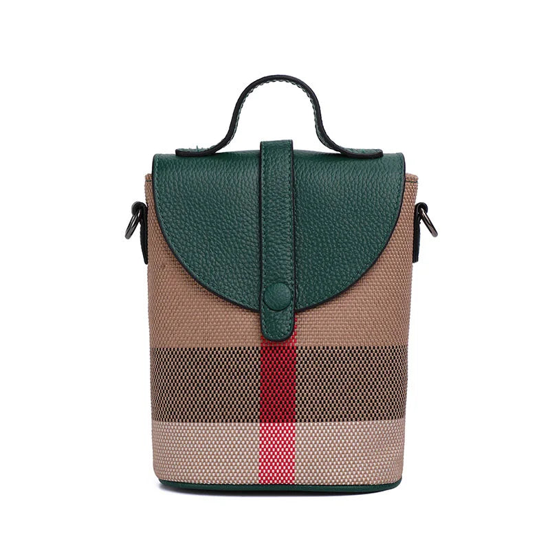 Women's Canvas Spliced Cowhide Shoulder Bag, Mini Striped Flap Handbag, Coin Purse & Crossbody Bag