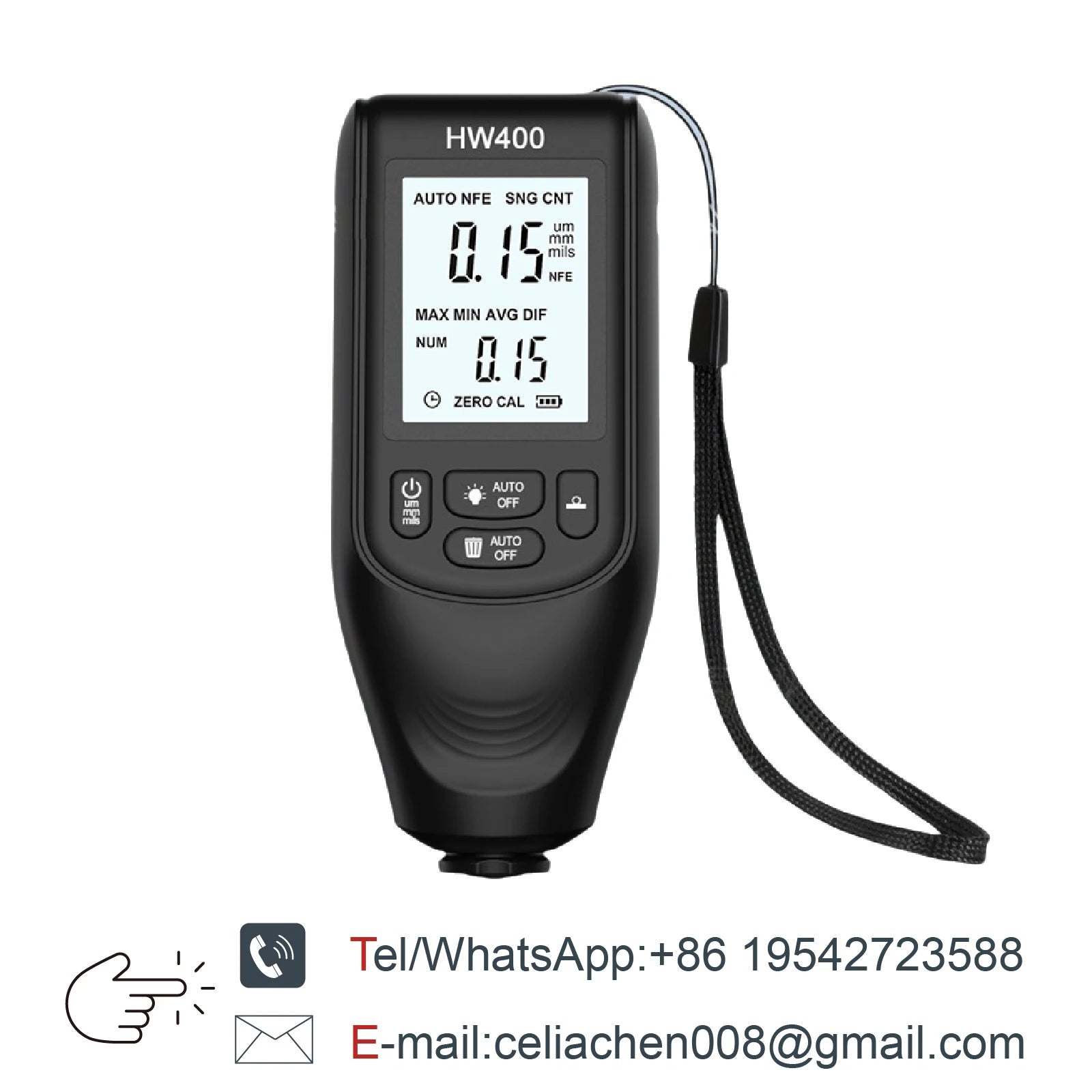 HW400 Handheld Coating Thickness Gauge 0‑2000µm Digital Fe/NFe Paint Film Tester for Car Body Industrial Magnetic Eddy Current