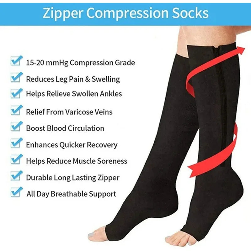 Zipper Compression Socks Men Women Knee Maternity High Socks Anti-Fatigue Stretchy Sox Outdoor Running Hiking Sports Socks