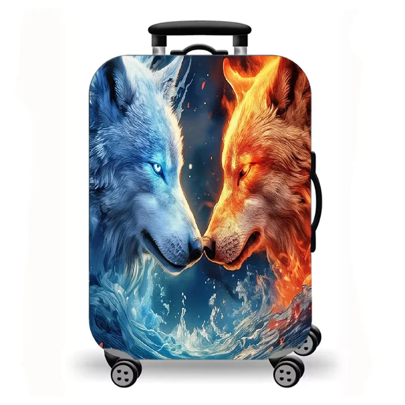 Luggage Cover, Fantasy Wolf Lion Tiger Fire Ice Print Stretch Suitcase Protector, Washable Anti-Scratch Travel Baggage Cover