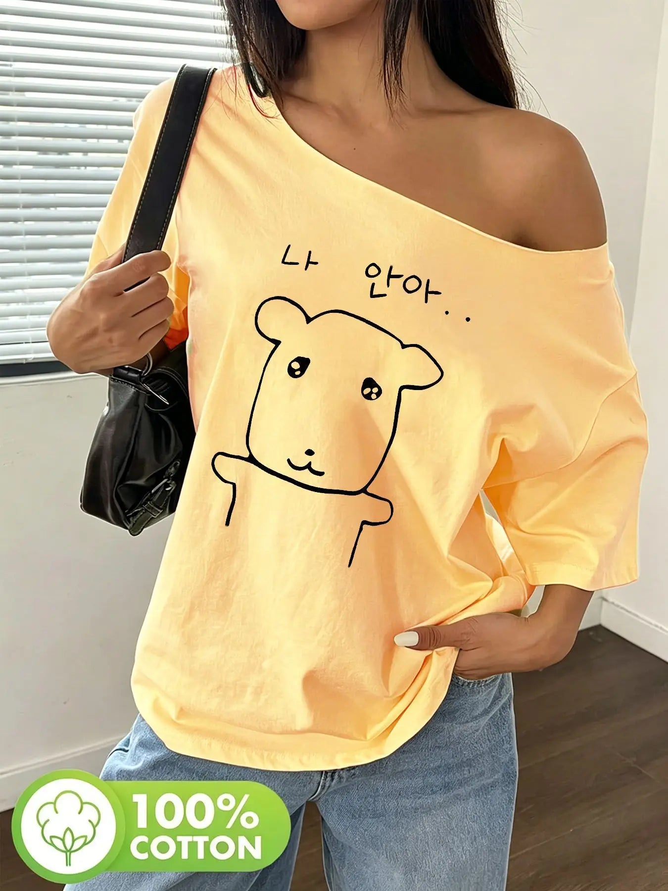 Plus Size Cute Cartoon Bear Head Line Art Minimalist Sketch Design Shoulder Loose Print T-Shirt Oversized Y2K Style Graphic T
