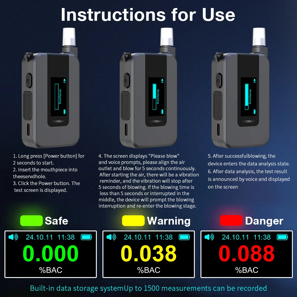 Portable Alcohol Tester Electrochemical Alcohol Detector Professional Breathalyzer LCD Display Drunk Driving Test Alcohol Meter