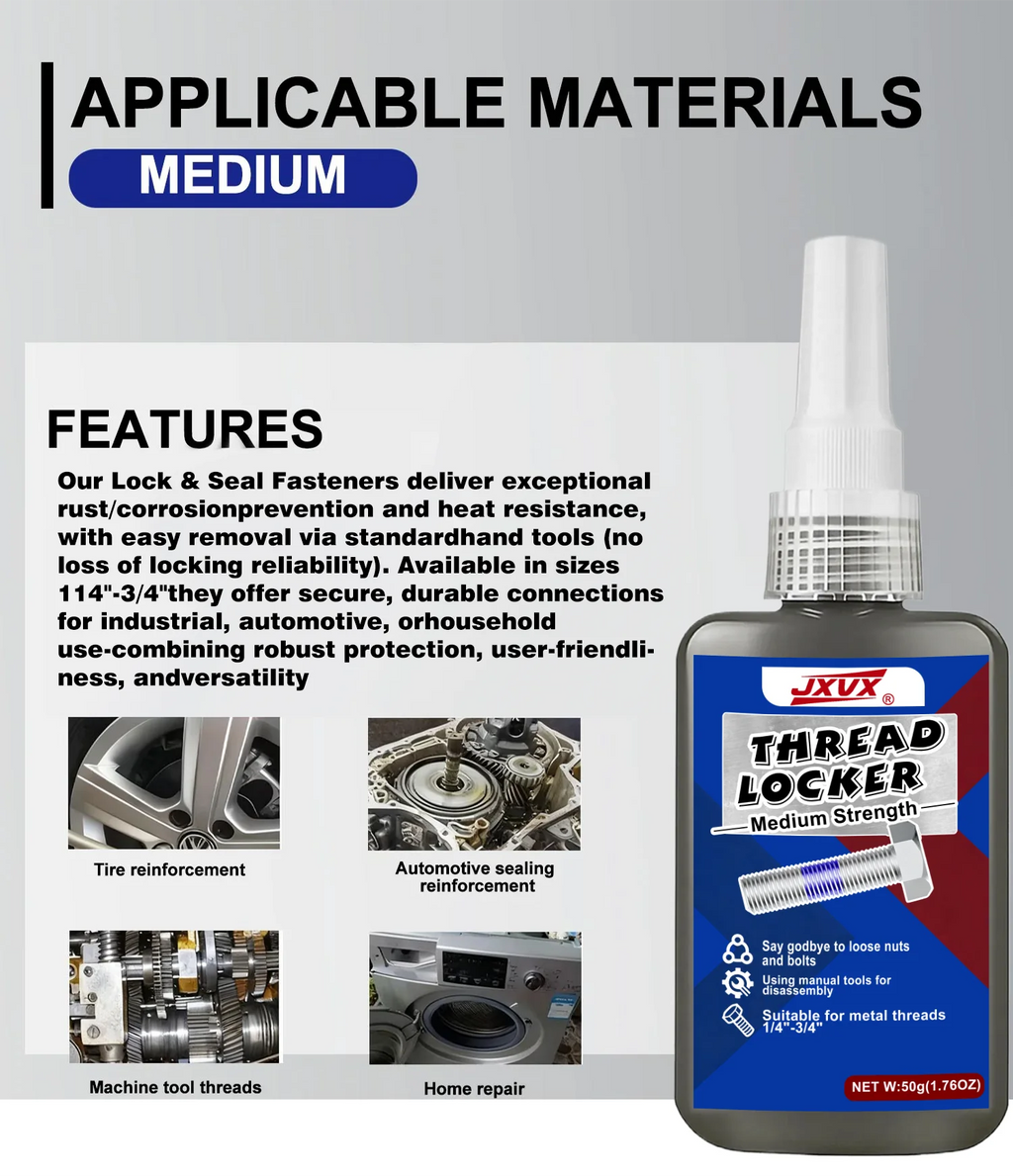 Medium strength blue liquid fillet brakes, removable; Thread adhesive sealant to prevent loosening and rust; 50/10 ml bottle; anti-rust; component replacement sealant.