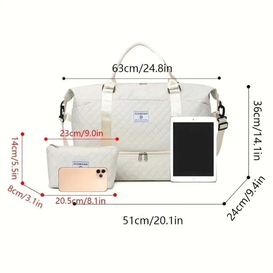 2pcs Set Large Capacity Travel Duffel Bag with Shoe Compartment and Cosmetic Pouch, Casual Nylon Gym Bag, Weekend Overnight Bag