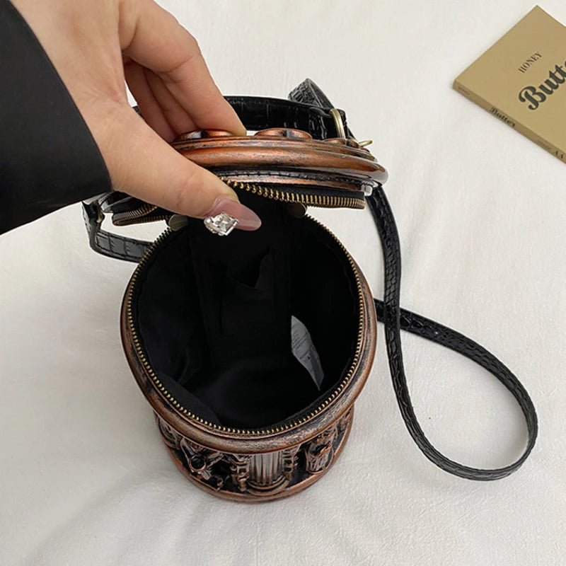Baroque Style 3d Embossed Bucket Bag Creative Sculptural Cylinder Handbag Unique Retro Artistic Design Crossbody Purse For Women
