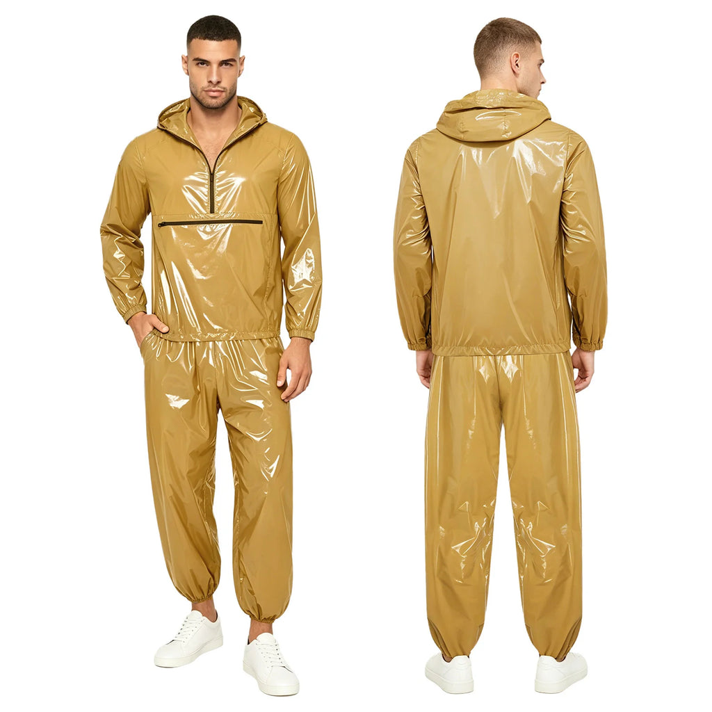 Mens Waterproof Tracksuit Sauna Sweat Outfit Zipper Pocket Hoodie Sweatshirt Windbreaker And Jogging Pants Rainwear Sportswear