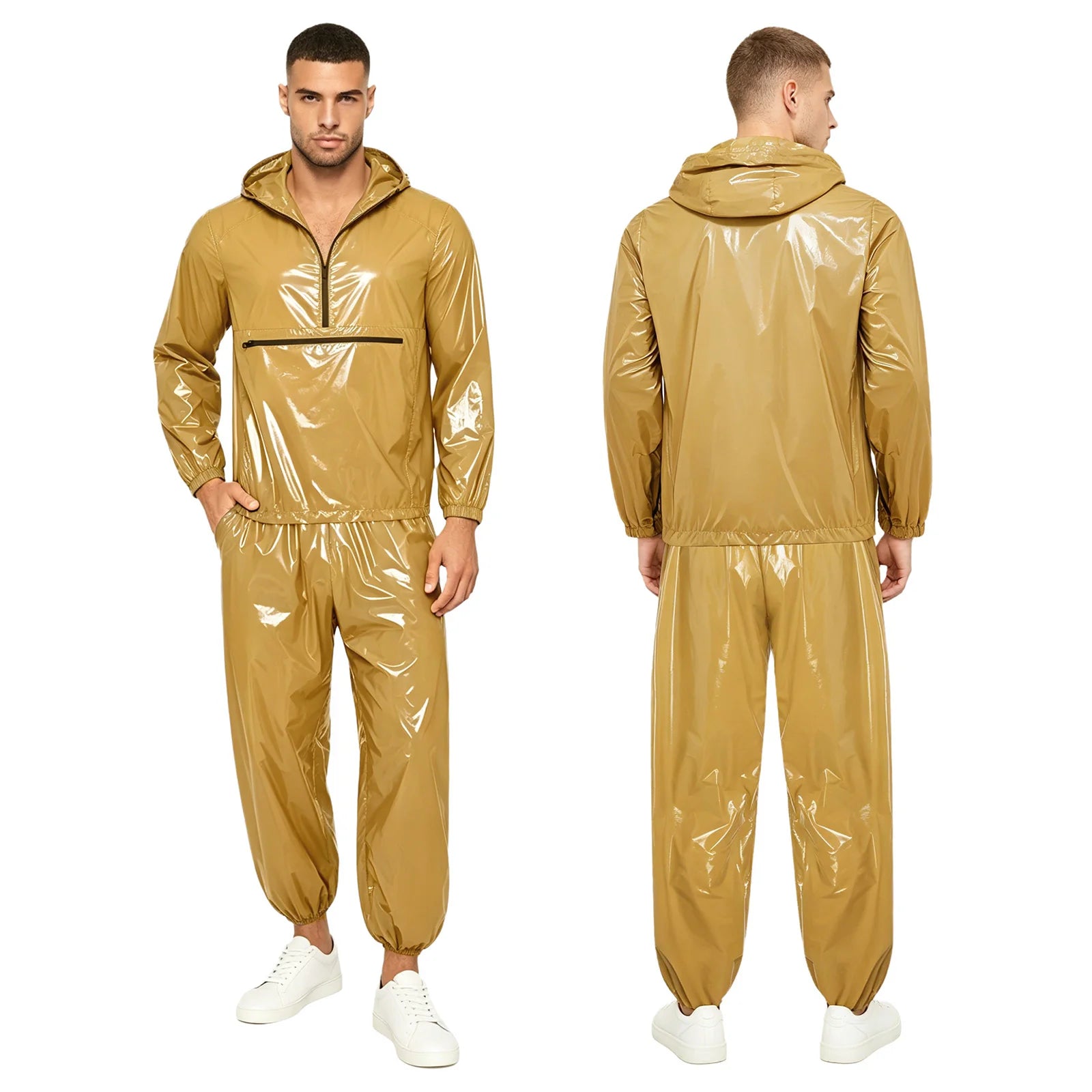 Mens Waterproof Tracksuit Sauna Sweat Outfit Zipper Pocket Hoodie Sweatshirt Windbreaker And Jogging Pants Rainwear Sportswear