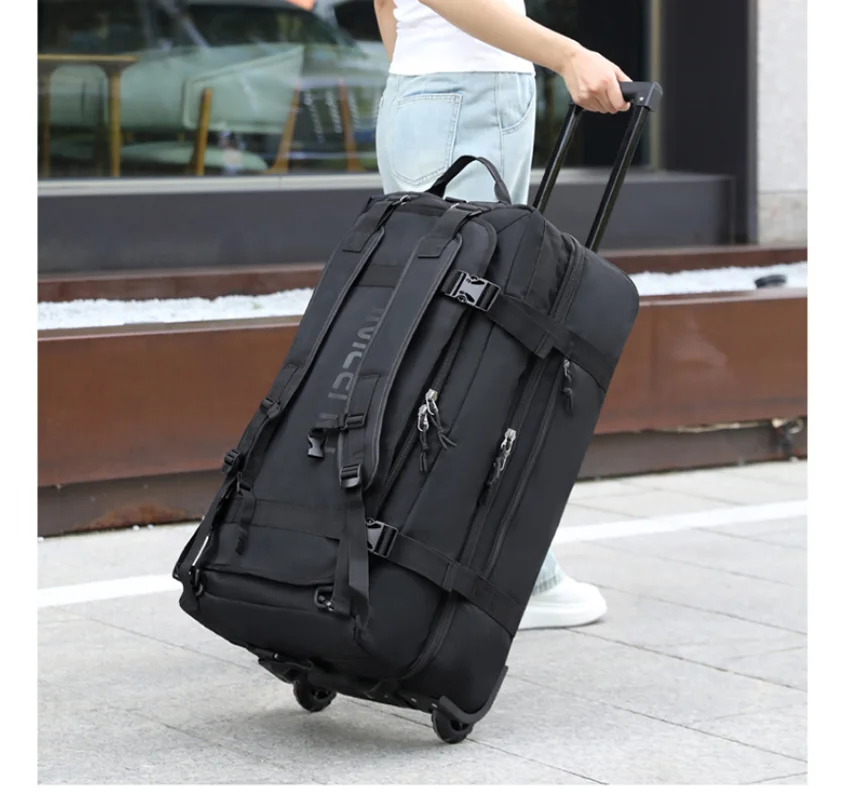 Men Foldable Trolley Bag Travel Backpack Large Capacity Backpack Trunk Organizer Portable Wheeled Bag Carry-On Bag for Men Women