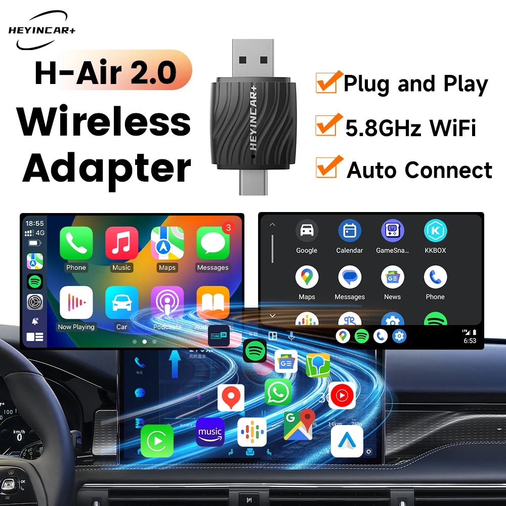 HEYINCAR 2-in-1 Wired to Wireless CarPlay Adapter Plug and Play CarPlay Box Android Auto Adapter Fast Connect Wifi BT Connect