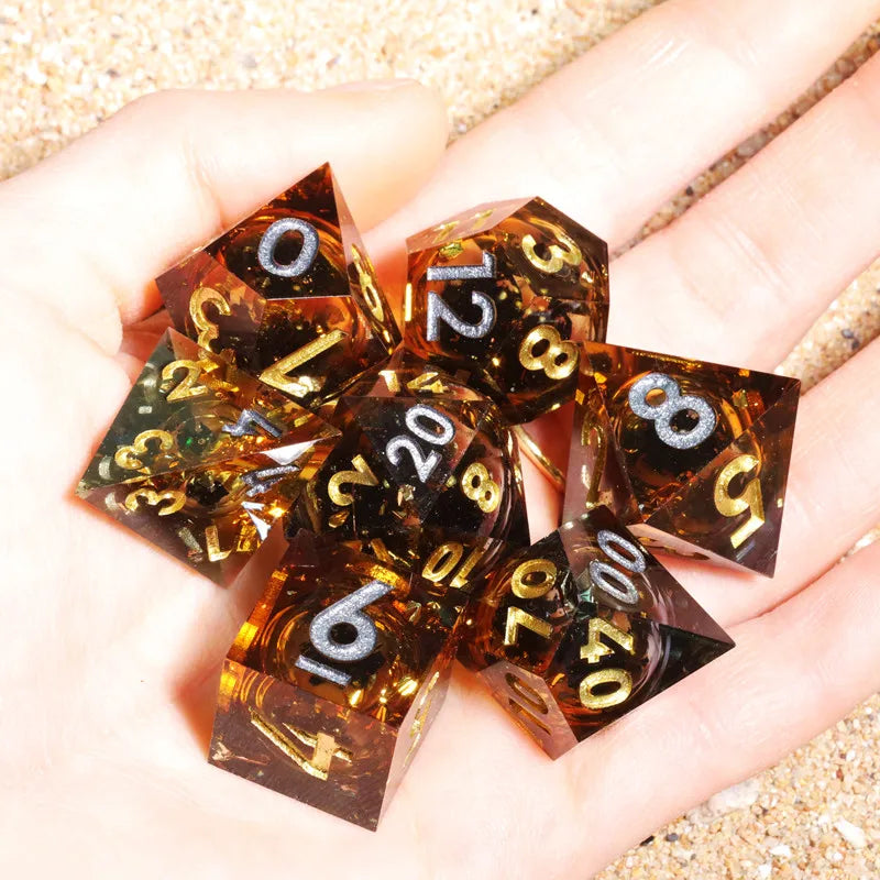 MINI PLANET Gold Sand Liquid Core Dice D&D Set Handmade Polyhedral Resin Dice With Sharp Edge For TRPG DND D6 D20 Dice Games
