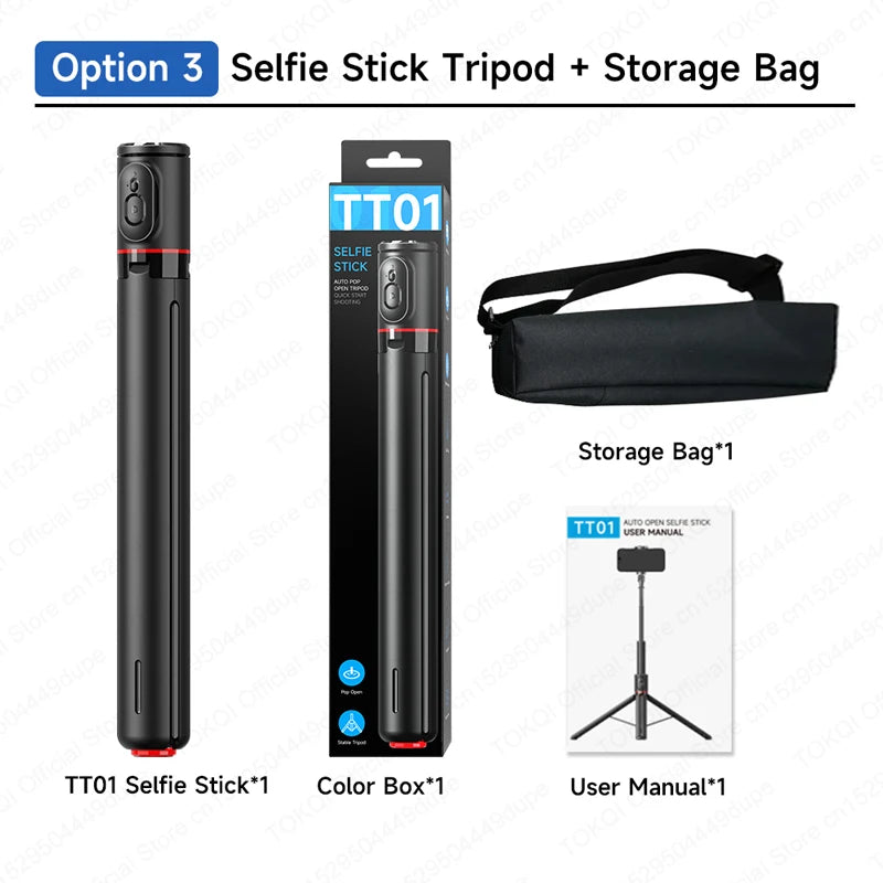 TOKQI TT01 Auto Pop Up Selfie Stick Tripod  Hidden Phone Clip Expandable 52.36" for Mobile Phone with Bluetooth Magnetic Remote