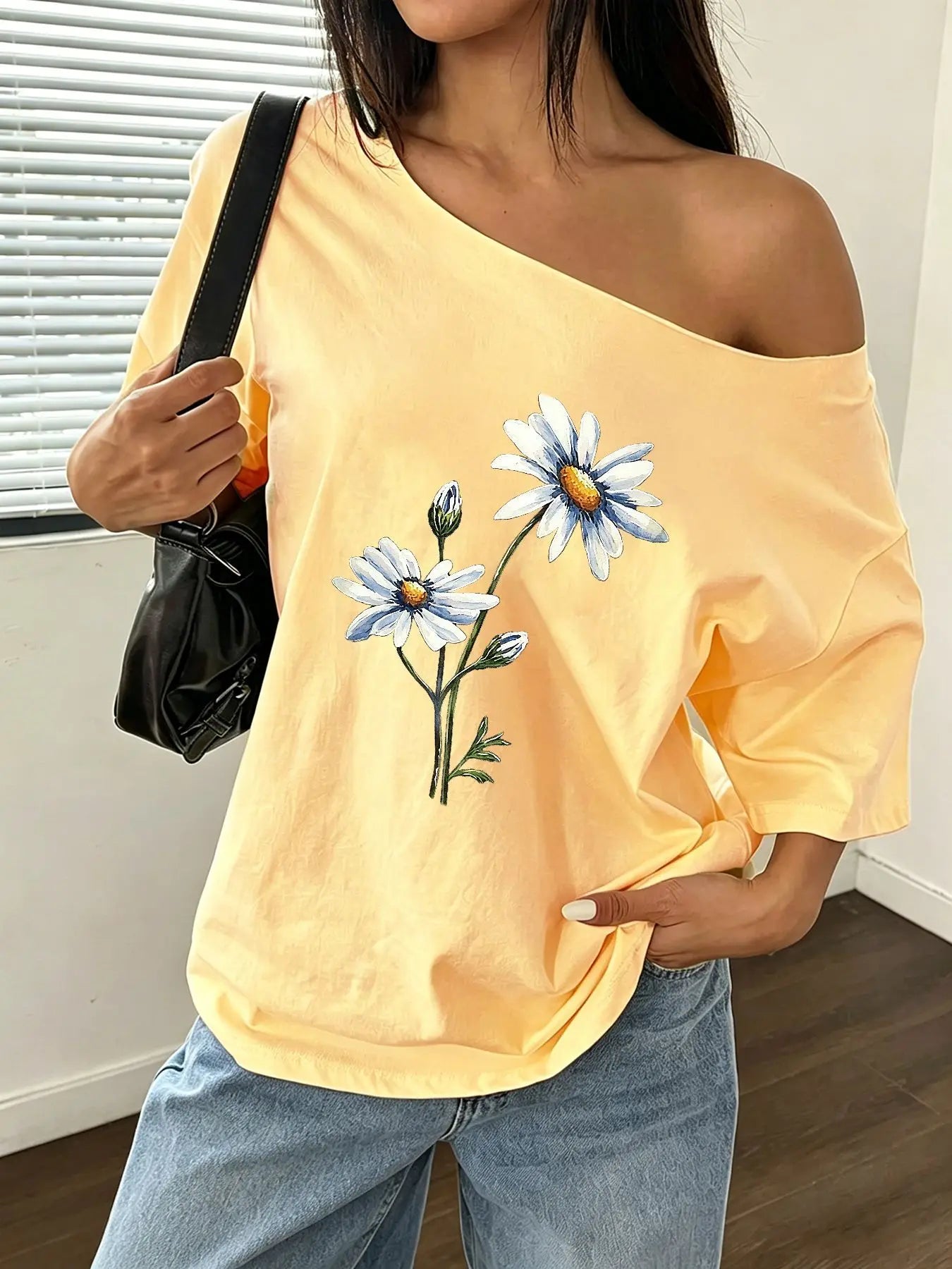 100% Cotton Plus Size Daisy Floral Print Shoulder Loose Print T-Shirt Oversized Y2K Style Graphic Tees Women Tops Summer Off