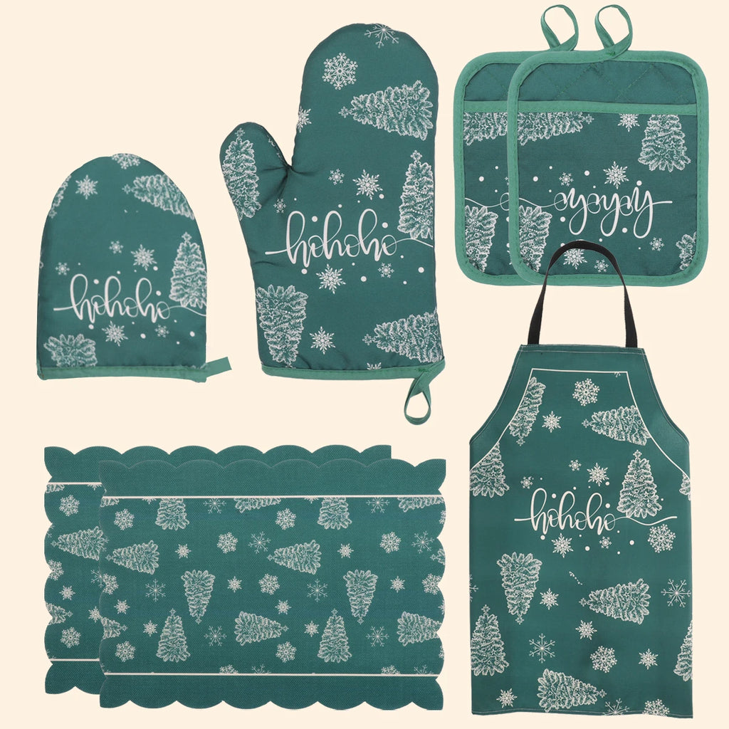 Christmas insulation seven piece set, heat-resistant oven gloves, hand clips, insulation pads, aprons, kitchen baking tools