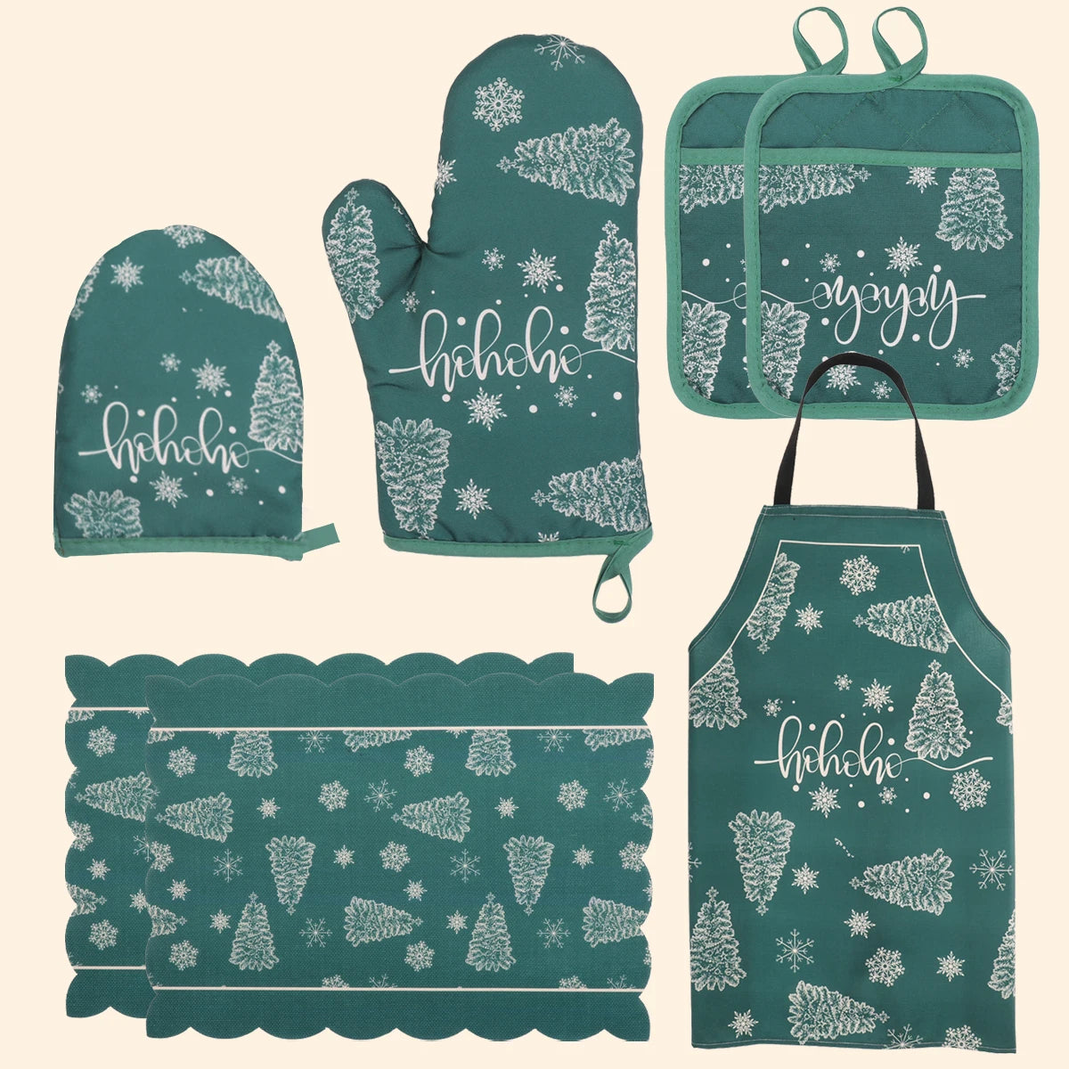 Christmas insulation seven piece set, heat-resistant oven gloves, hand clips, insulation pads, aprons, kitchen baking tools