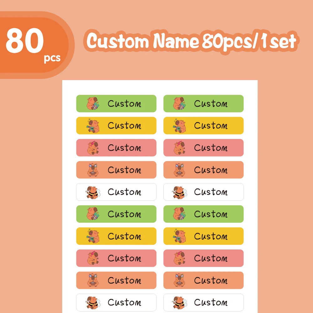 Kawaii Capybara Waterproof Name Tags Stickers Custom Adhesive Stationery Decals Personalize First Name Label For Children School