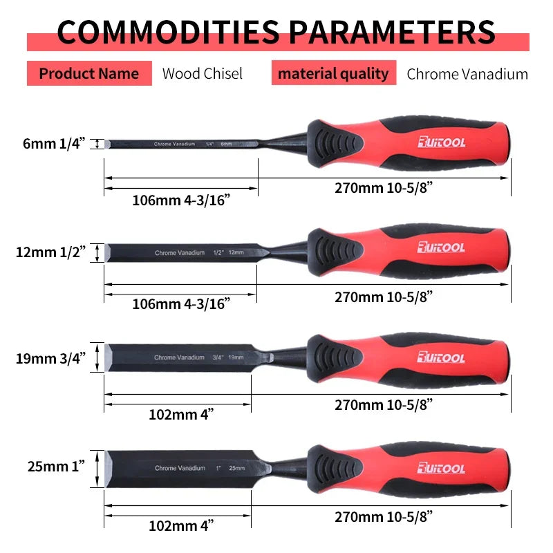 Wood Chisel Set Chrome Vanadium Steel Sharp Carving Bevel Edge Soft Grip for Woodworking Carving with Roll Bag 4pcs