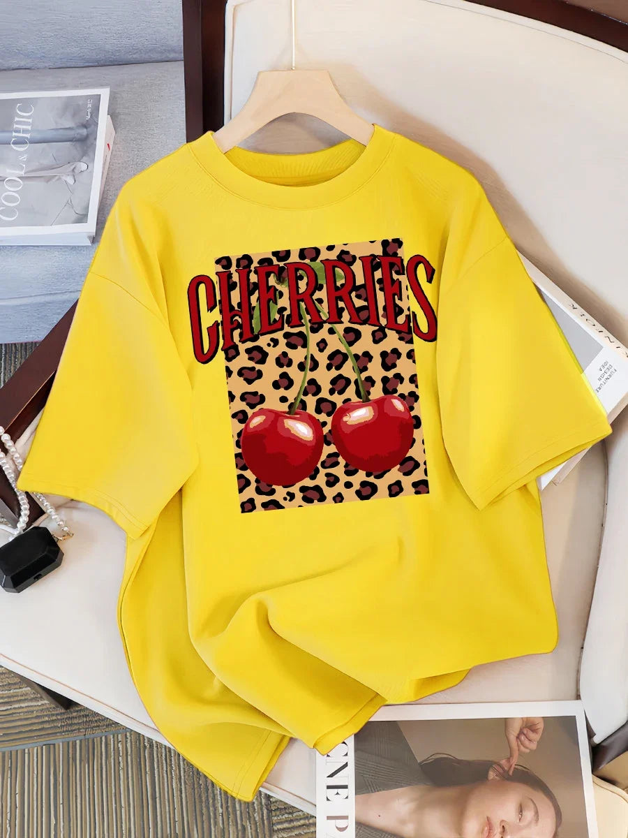 Plus Size Leopard Cherry Creative Design Womens Tee Shirts Casual T Shirt Summer O-Neck Streetwear Soft Oversized Short Sleeve