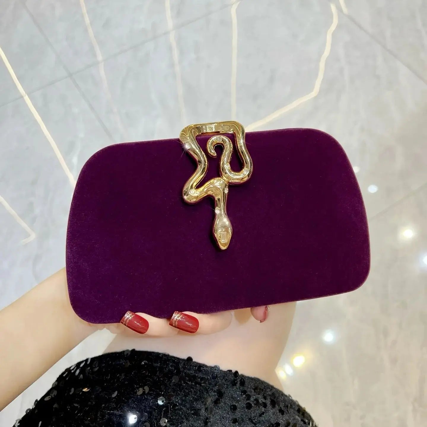 New Velvet Clutch for Women, Elegant Crossbody Bag with Snake-Shaped Buckle & Rhinestone Decoration, Luxury Evening Handbag