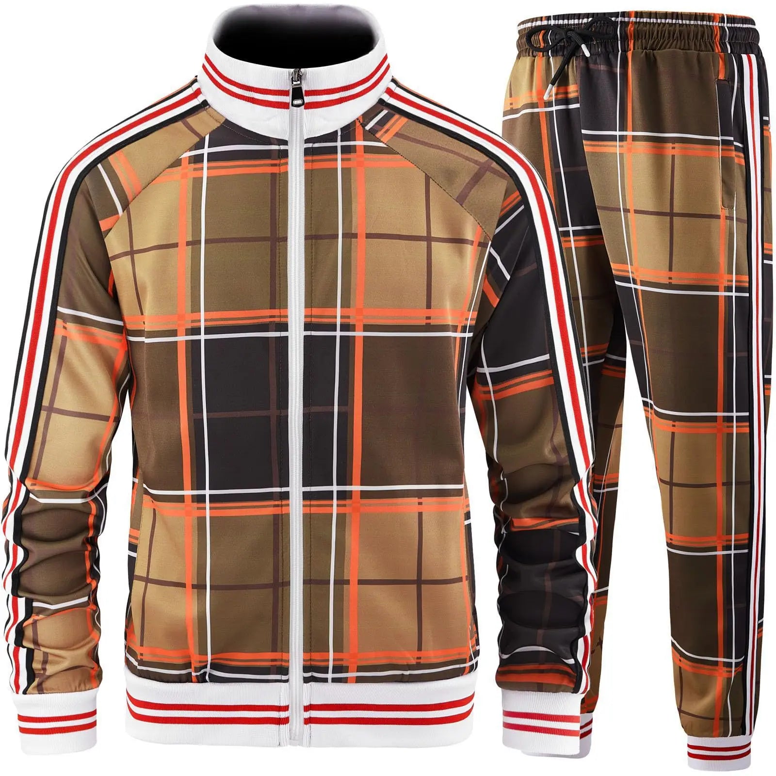 New Spring Autumn Plaid Printed Mens Zipper Jacket Sports Wear Sweatshirt Casual Outdoor Sports Checks Tracksuit Coat+Pant Set