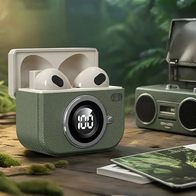 Q86 Retro Camera Wireless Earbuds Semi-In-Ear Earphones with Screen Digital Display and Gaming Low Latency