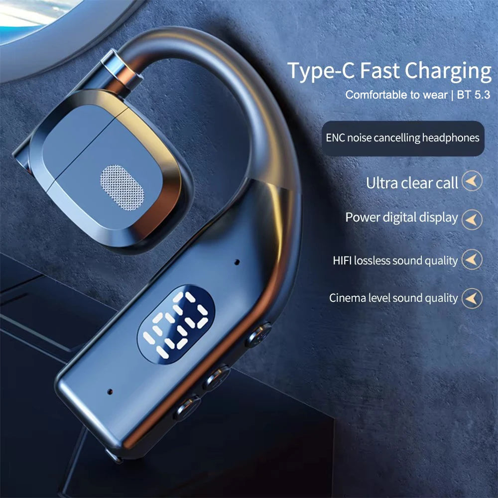 Wireless Bluetooth Headphones LED Display Single Ear Air Conduction Earphones Hands-Free Noise-Canceling Earbuds for Driving