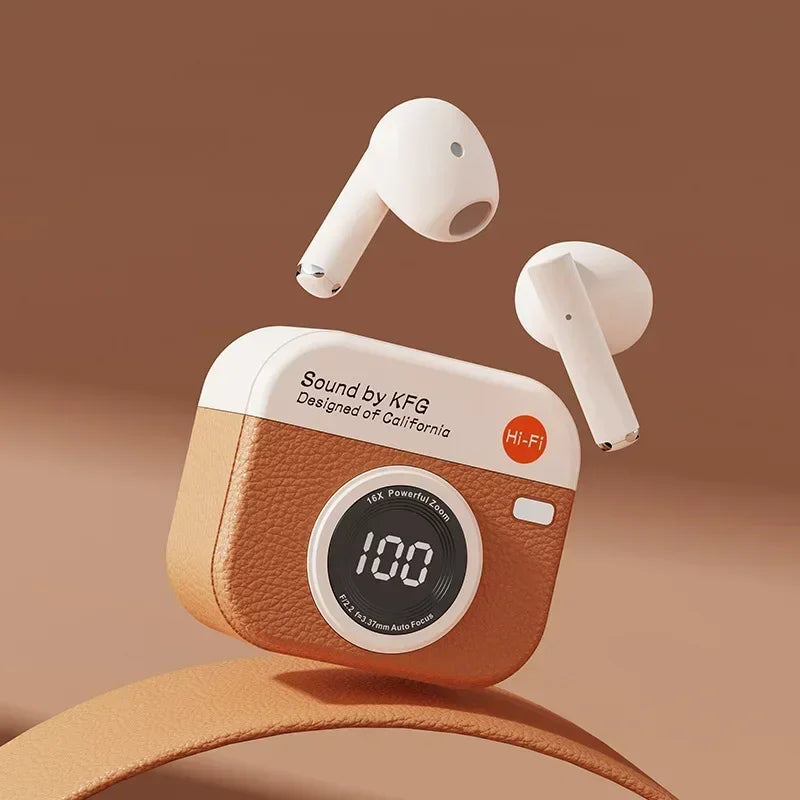 Q86 Retro Camera Wireless Earbuds Semi-In-Ear Earphones with Screen Digital Display and Gaming Low Latency