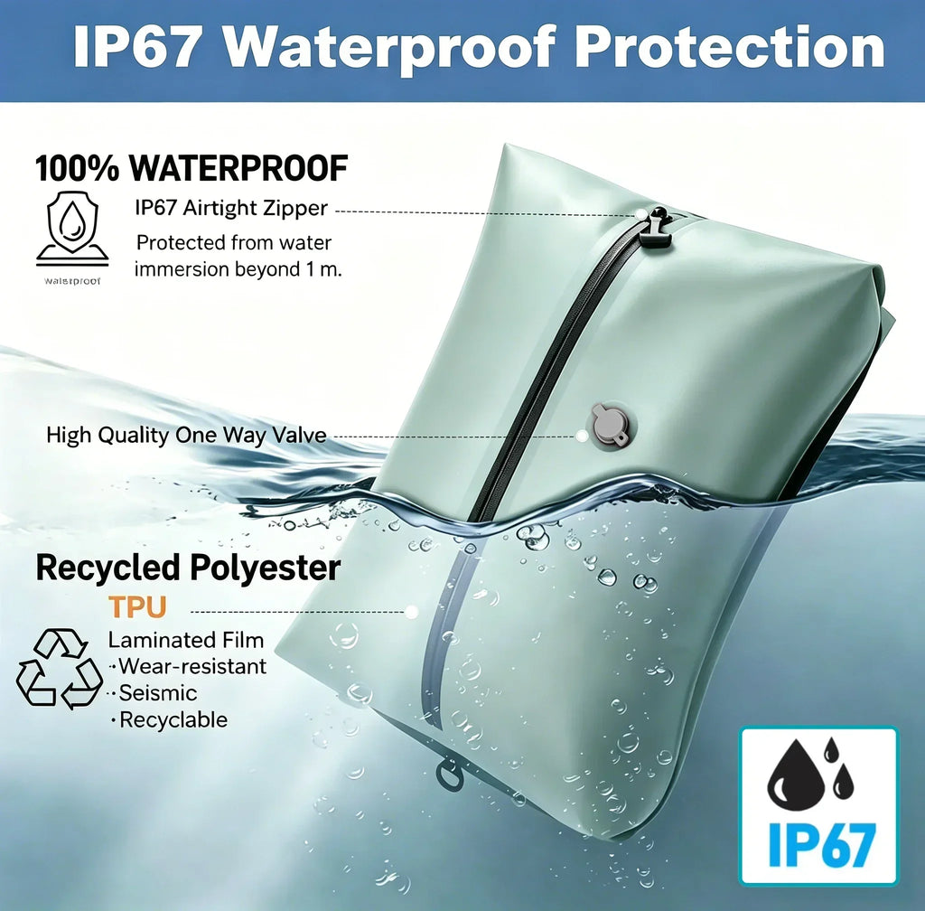 Travel Vacuum Compression Bags IP67 Waterproof PU Nylon Clothes Organizer USB Electric Pump 34L Space Saver Green Black