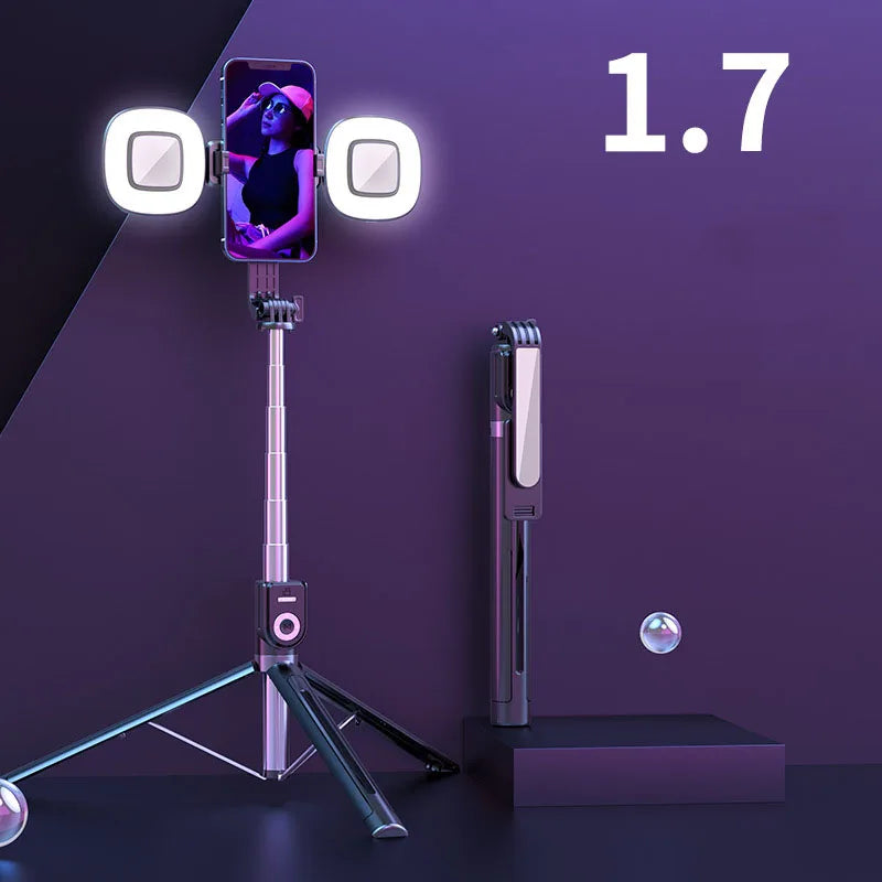 1.7M Extendable live Tripod Selfie Stick Support LED Ring Dual light mirror Stand 4 in 1 Phone Mount for Android IOS Cell Phone