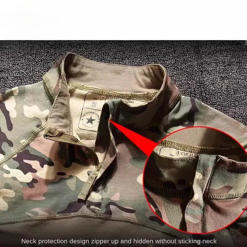 Summer Shirts Combat Tops Half Zipper Knitting Camo Hiking T-shirts Tactical T-shirt Breathable Elastic Outdoor Training Tees