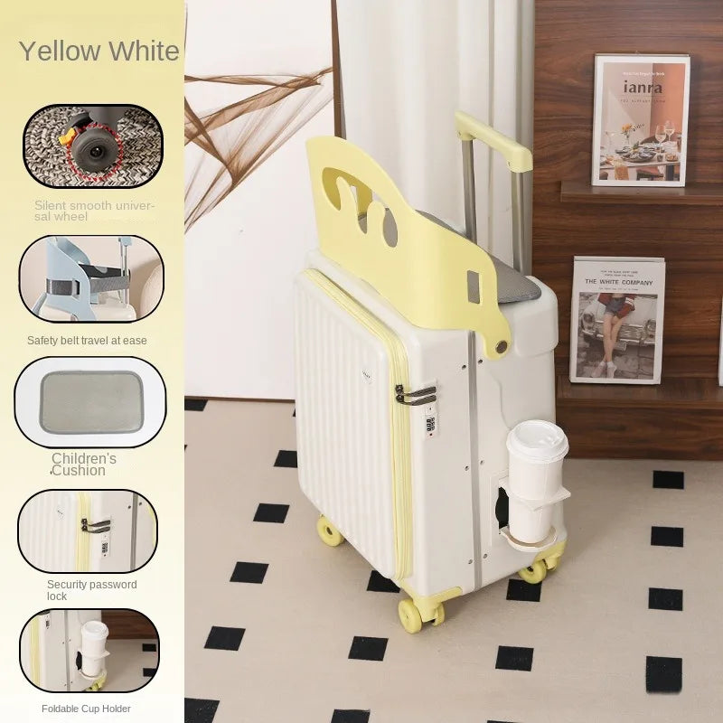 Front Opening Suitcase for Children can Sit 20/22 inch Ride on Luggage Sturdy Thickened PC Travel Suitcase with Cup Holder