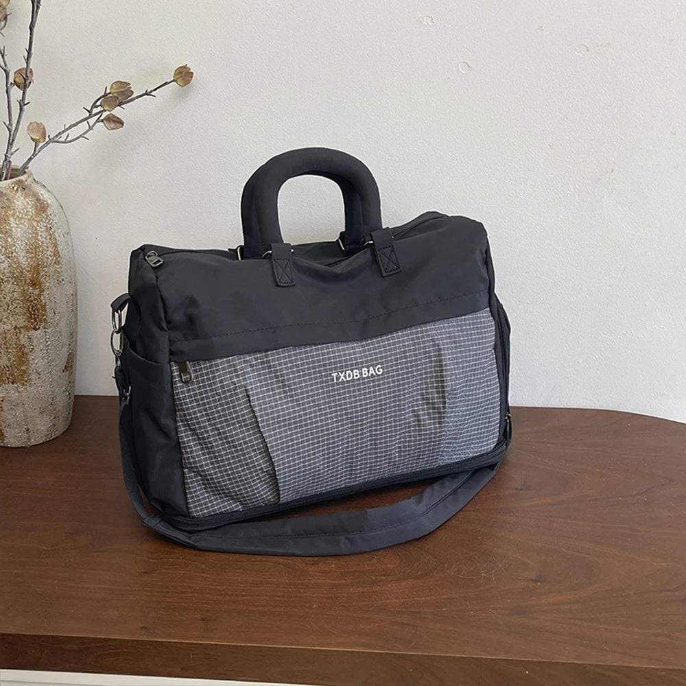 Duffle Bag Travel Handbag Detachable Shoulder Strap Grid Splicing Expandable Storage Bag for Weekend Trip Sightseeing Outing
