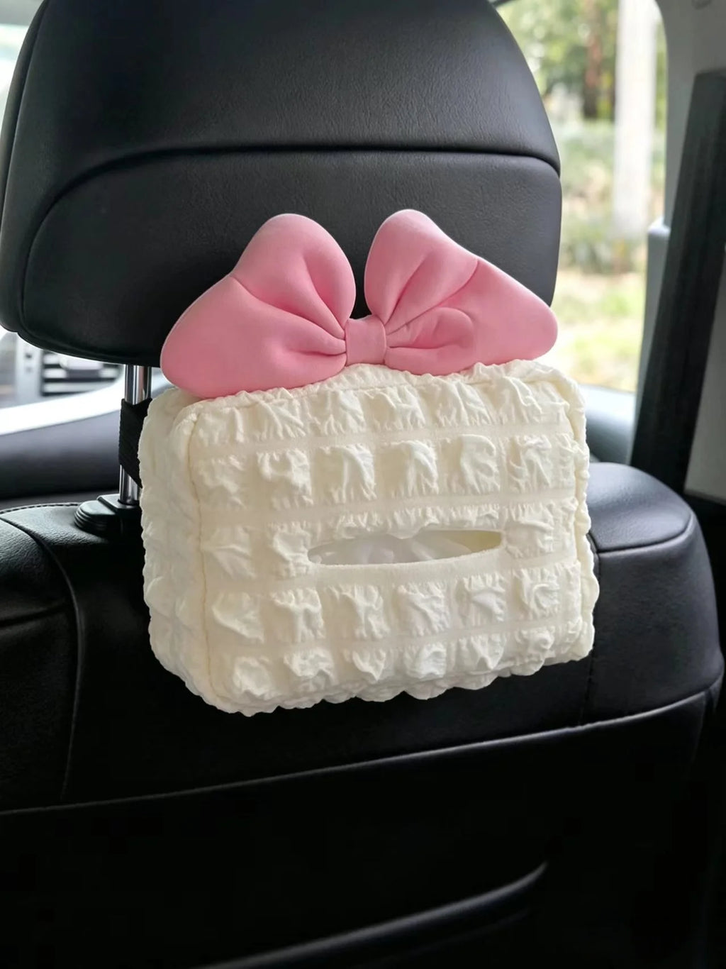 Cute Pink Bow Car Tissue Box Cover, Bubble Plaid Car Headrest Hanging Napkin Holder, Universal Car Backseat Paper Storage Bag, Car Interior Accessories—Designed Specifically for Women