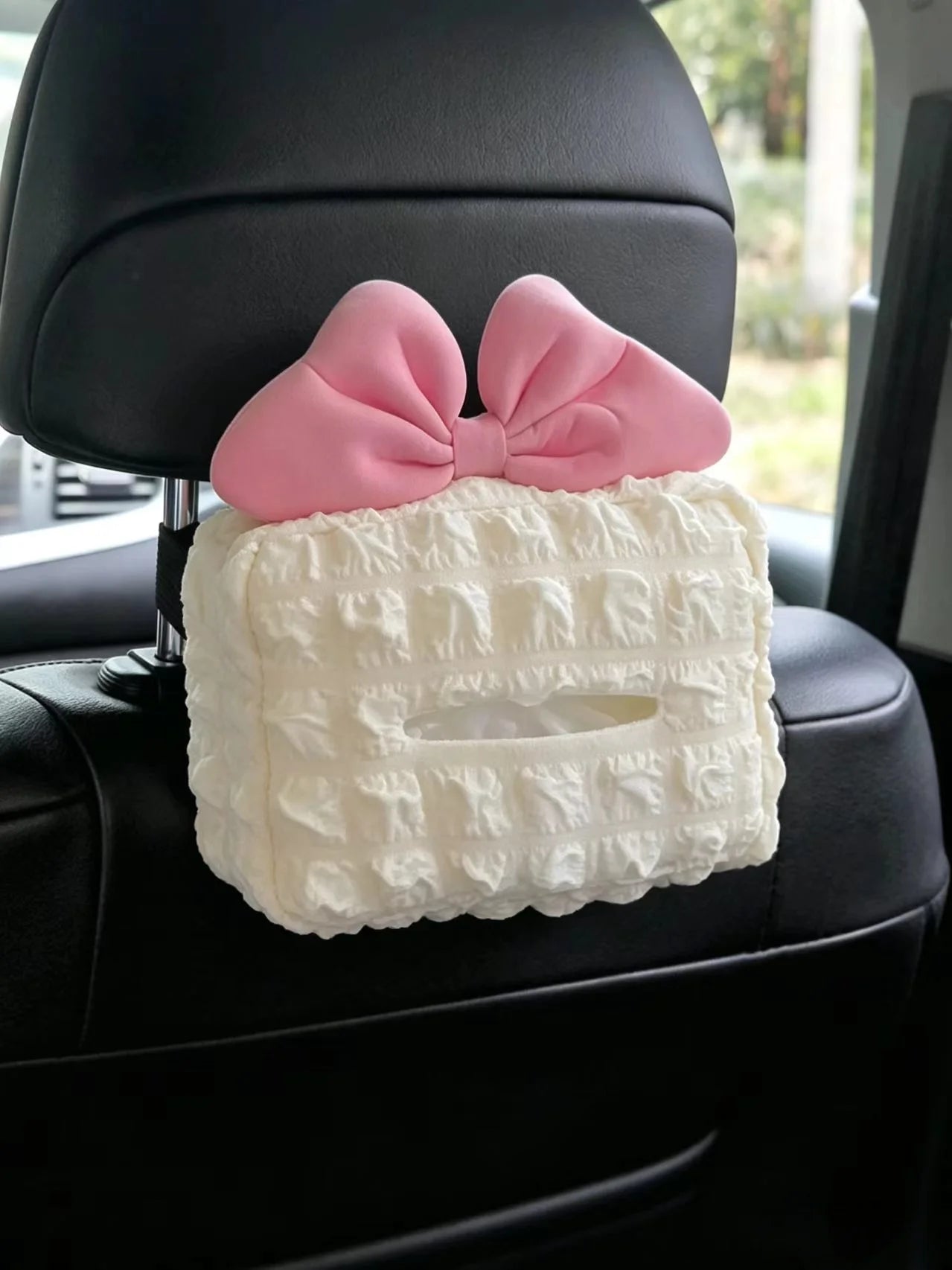 Cute Pink Bow Car Tissue Box Cover, Bubble Plaid Car Headrest Hanging Napkin Holder, Universal Car Backseat Paper Storage Bag, Car Interior Accessories—Designed Specifically for Women