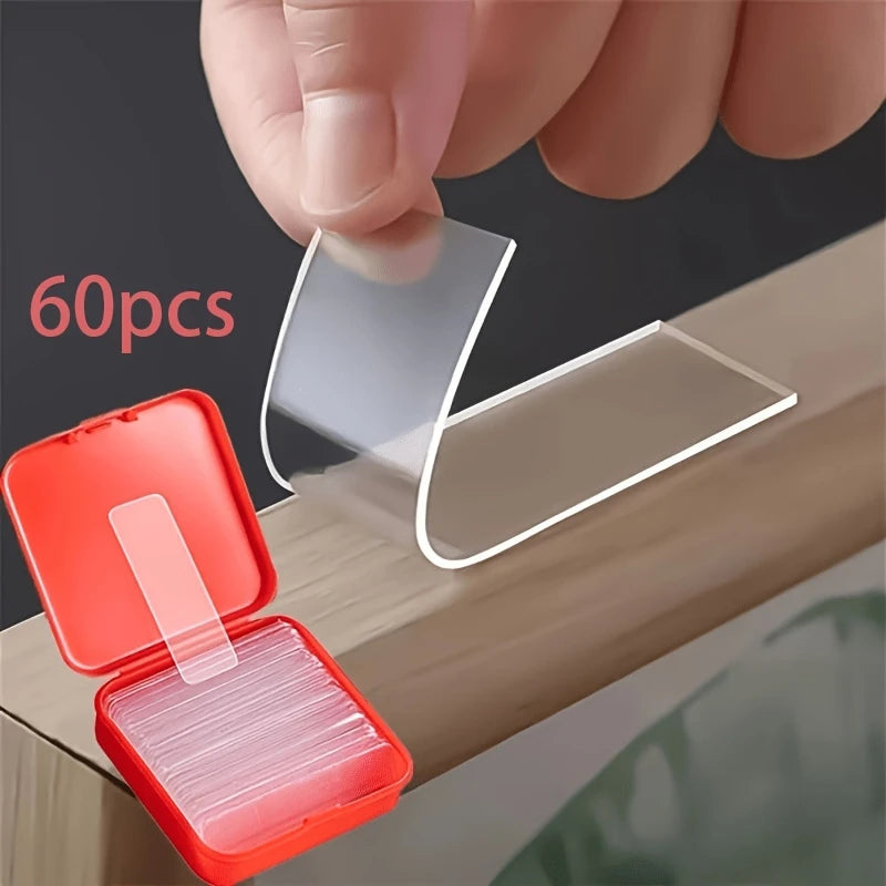 60Pcs/Box Double Sided Mounting Sticky Wall Strips, Clear Mounting Strong Sticky Wall Strips Transparent Tape Without Cropping