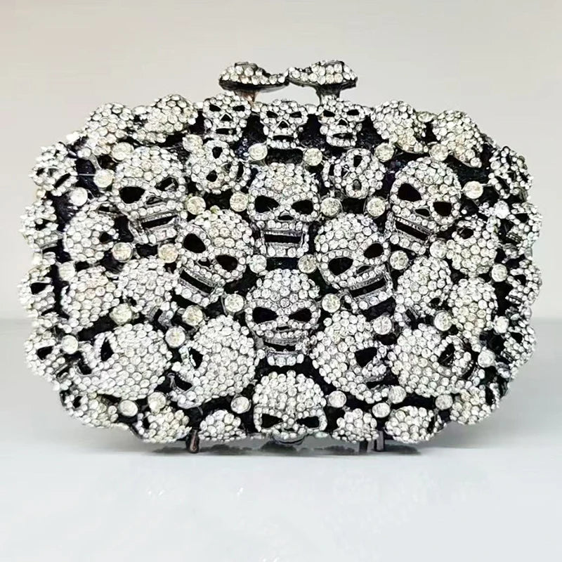WHTUOHENG Skull Style Women Crystal Clutch Purse Metal Hard Box Handbag For Designer Rhinestone Female Diamond Party Prom Bags