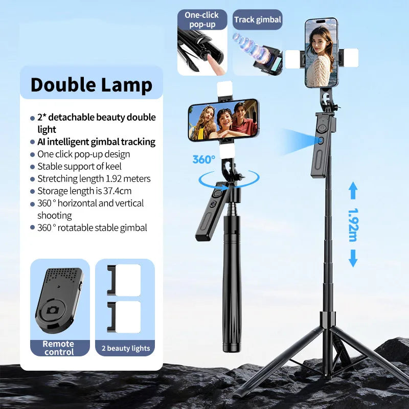 FANGTUOSI 192cm Tripod for Smartphone 360°Auto-Rotation Shooting Selfie Stick Phone Stand AI Face Following, with Remote Control