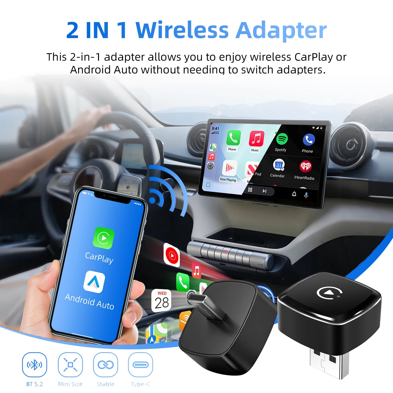 2026 2-in-1 Wireless CarPlay & Android Auto Adapter – USB or Type-C Version 5G WiFi BT5.0 Plug & Play for Factory Wired Cars