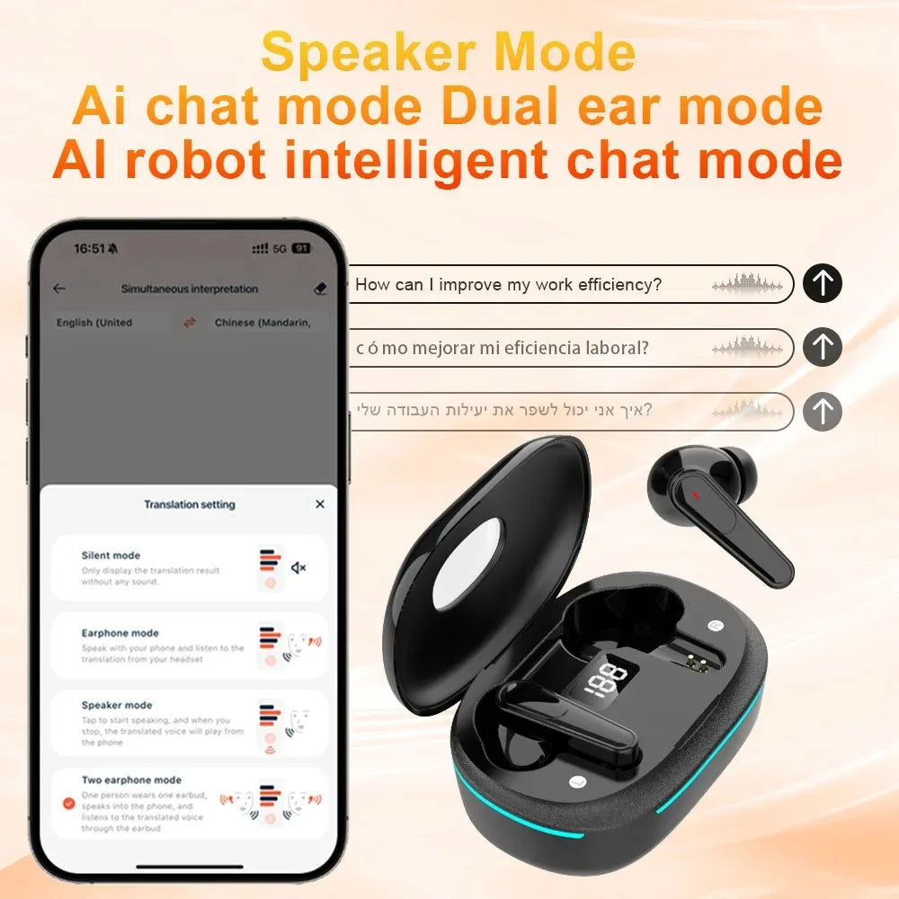 144-Language Translation Earbuds Power Display ANC&ENC Noise Reduction Headphones Hebrew English Real-Time Translation Earphones